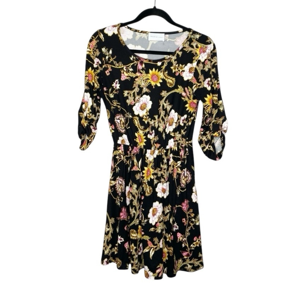 French Grey Black Floral Fit & Flare Dress Small Boho Cottagecore 3/4 Sleeve